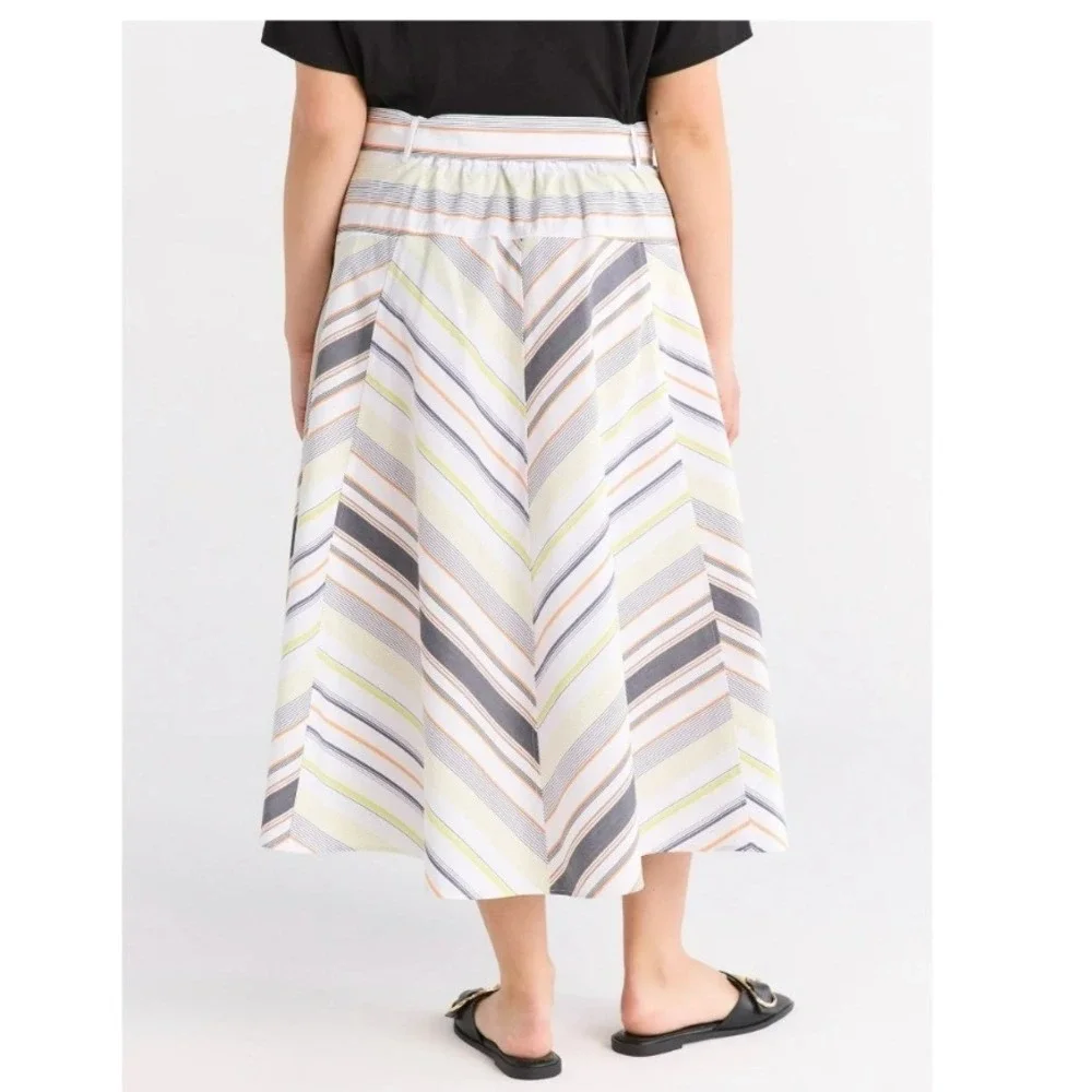 Free Assembly Womens 2X Striped Button Front Midi Skirt High Waist Tie‎ Belt NWT